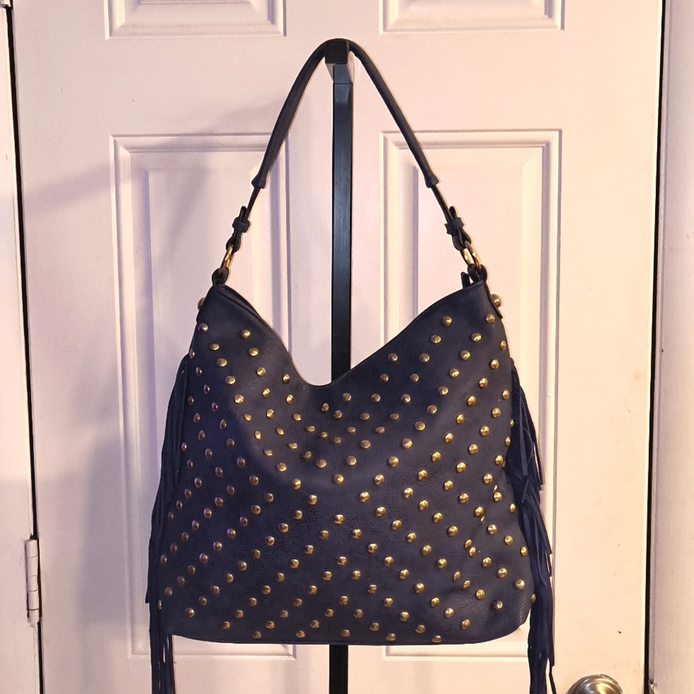 Blue Vegan Leather Hobo Bag w/Gold Studs & Fringe